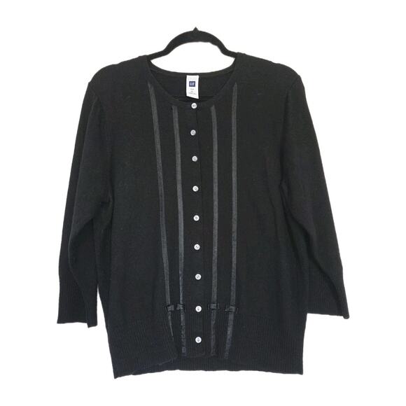 Vtg Y2K GAP Lambswool Cardigan Womens XL Black Coquette Old Money Preppy Bows - Picture 1 of 10
